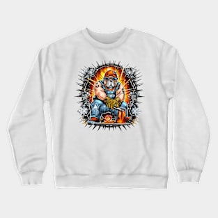 A Carpenter English Bulldog with a tool belt and safety glasses, welding metal bars together Crewneck Sweatshirt